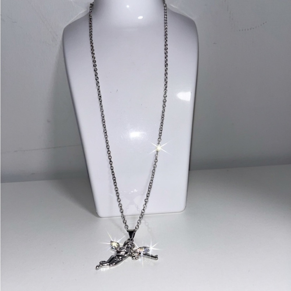 Silver Cross & Angel Wing Pendant Necklace - Men